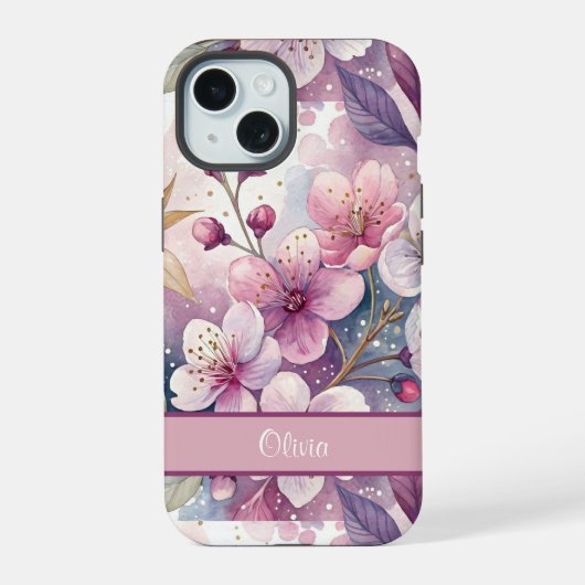 Custom Elegant Watercolor Cherry Blossom Sakura iPhone 15 Hülle (Rückseite)