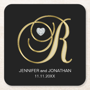 Custom Elegante Black Gold Monogram Letter Wedding Rechteckiger Pappuntersetzer