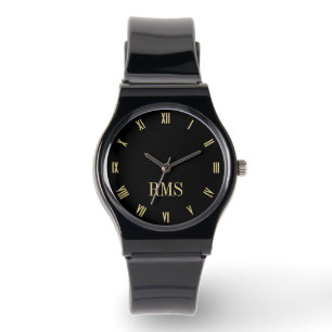 Custom Elegante Black Gold Monogram Silicone Strap Armbanduhr