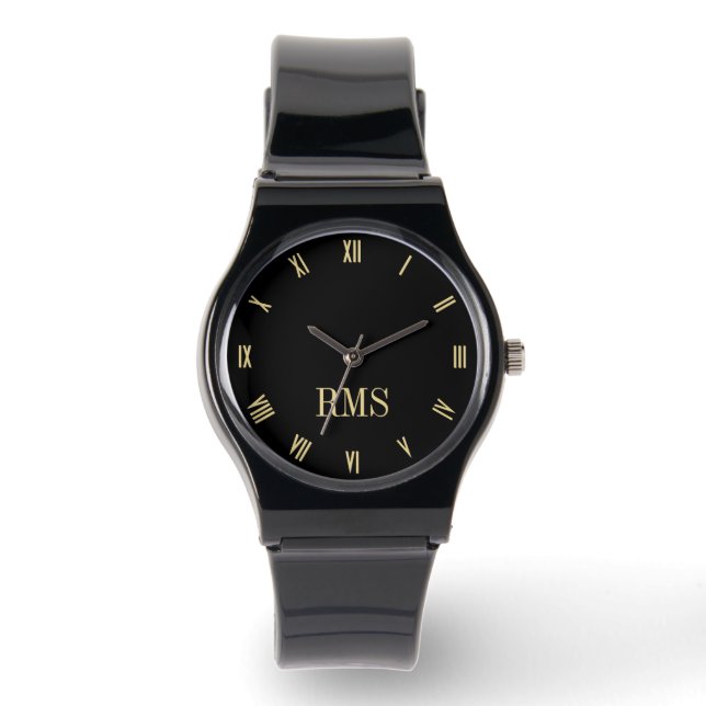 Custom Elegante Black Gold Monogram Silicone Strap Armbanduhr (Vorderseite)