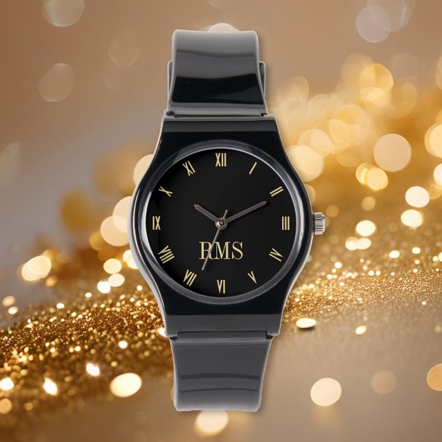 Custom Elegante Black Gold Monogram Silicone Strap Armbanduhr (Custom Elegant Black Gold Monogram Silicone Strap Watch)