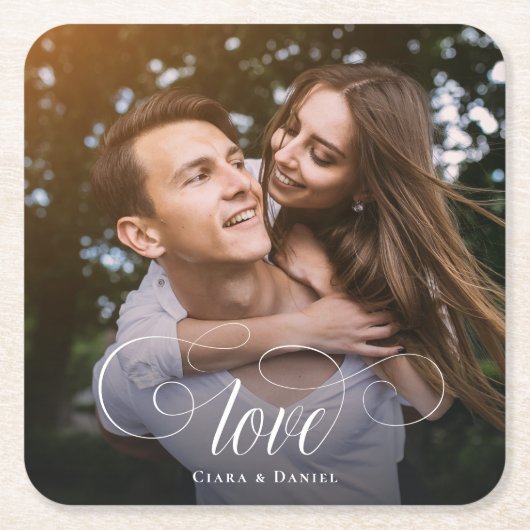 Custom Elegante Calligraphy Couple Wedding Foto Rechteckiger Pappuntersetzer (Vorderseite)