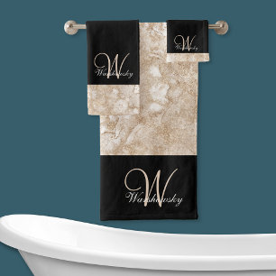 Custom Elegante Golden Tan und Schwarz Mit Monogra Badhandtuch Set