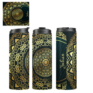 Custom Elegante Green Imitats Gold Mandala Thermosbecher