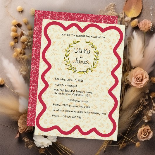 Custom Elegante Moderne Rot & Creamy Hochzeit Einladung