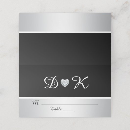 Custom Elegante Monogram Black Silver Heart Weddin Platzkarte (Außenseite Aufgefaltet)