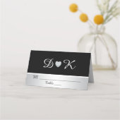 Custom Elegante Monogram Black Silver Heart Weddin Platzkarte (Vorderseite)