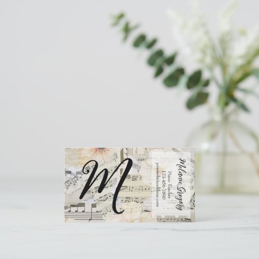 Custom Elegante Monogram Music Teacher Floral Busi Visitenkarte (Stehend Vorderseite)