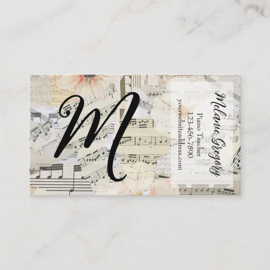 Custom Elegante Monogram Music Teacher Floral Busi Visitenkarte (Vorderseite)