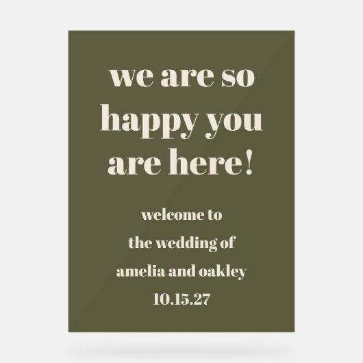 Custom Elegante Olive Green Earthy Wedding Willkom Acrylschild (Vorderseite)