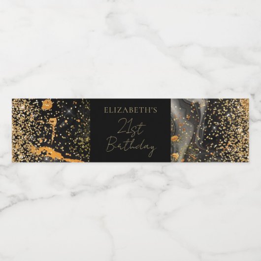 Custom Eleganter Glamour Glitzer Black and Gold Wasserflaschenetikett (Einzelnes Label)