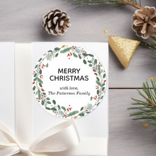 Custom Eleganter Weihnachtskranz Familienname Runder Aufkleber