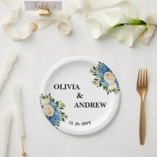 Custom Eleganto Blau und Weiß Blumen Pappteller