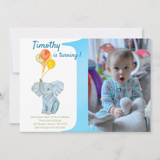 Custom Elephant First Birthday Boy  Einladung (Vorderseite)