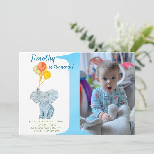 Custom Elephant First Birthday Boy  Einladung (Stehend Vorderseite)