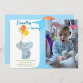 Custom Elephant First Birthday Boy  Einladung (Vorne/Hinten)