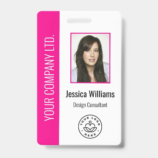 Custom Employee Photo Bar Code Logo Name Hot Pink Ausweis (Vorderseite)