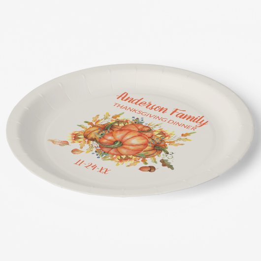 Custom Erntedank Orange Pumpkins Herbstlaub Pappteller (Schrägansicht)