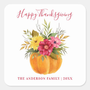 CUSTOM ERNTEDANK WATERCOLOR PUMPKIN FLORAL QUADRATISCHER AUFKLEBER