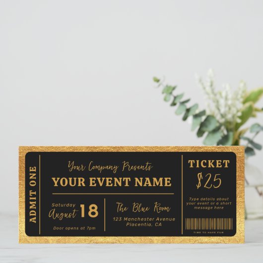 Custom Event Ticket Concept Fake Ticket Black Gold Einladung (Stehend Vorderseite)