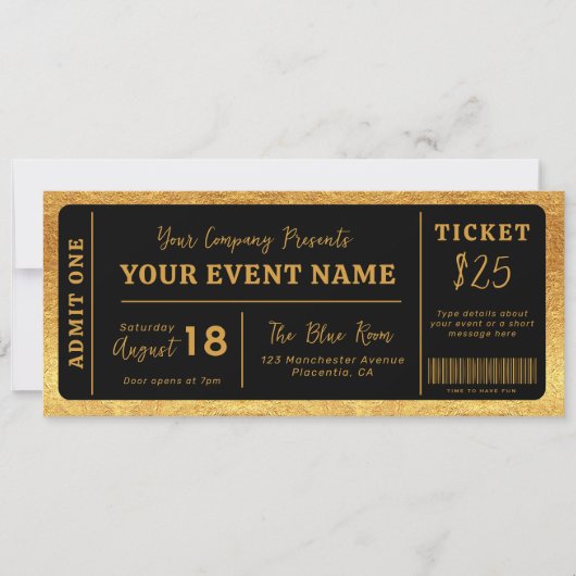 Custom Event Ticket Concept Fake Ticket Black Gold Einladung (Vorderseite)
