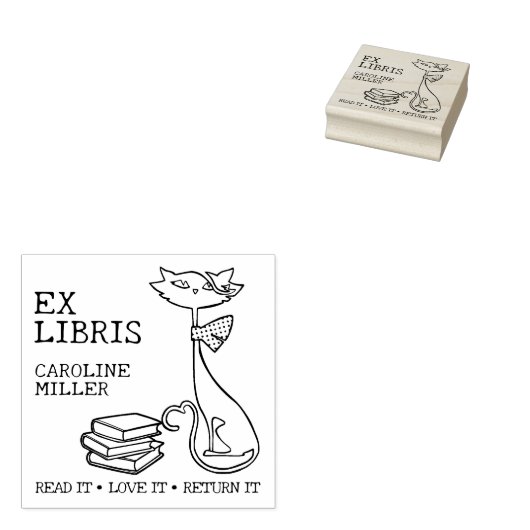 Custom Ex Libris, Niedliche Katze mit Büchern Gummistempel (Stempel)