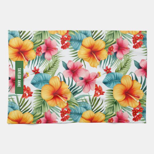 Custom Exotic Watercolor Hawaiian Floral Geschirrtuch (Horizontal)
