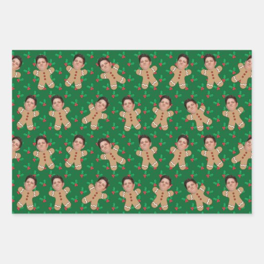 Custom Face Foto Gingerbread Männer Weihnachtsdruc Geschenkpapier Set (Vorderseite 2)