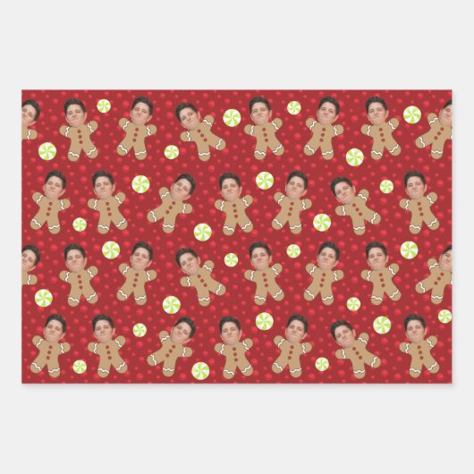 Custom Face Foto Gingerbread Männer Weihnachtsdruc Geschenkpapier Set (Vorderseite)
