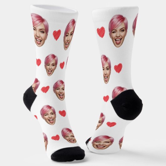 Custom Face Foto with Red Hearts - Funny Gift Socken (Gewinkelt)