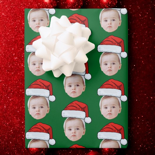 Custom Face Head Photo Santa Hat Christmas Green Geschenkpapier Set
