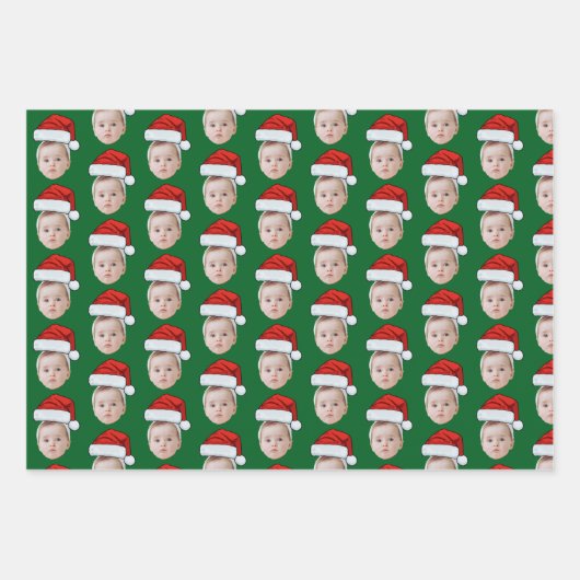 Custom Face Head Photo Santa Hat Christmas Green Geschenkpapier Set (Vorderseite)