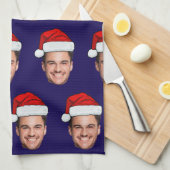 Custom Face Photo Santa Hat Christmas blue Geschirrtuch (Viertel Falte)