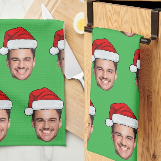 Custom Face Photo Santa Hat Christmas Green Geschirrtuch