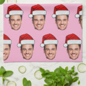 Custom Face Photo Santa Hat Christmas Pink Geschirrtuch (Gefaltet)
