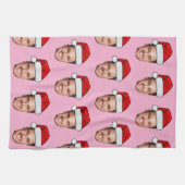 Custom Face Photo Santa Hat Christmas Pink Geschirrtuch (Horizontal)