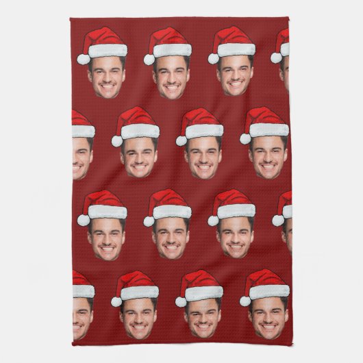 Custom Face Photo Santa Hat Christmas Red Geschirrtuch (Vertikal)