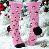 Custom Face Santa Hat Pink Socks, 4 Photos Pink Socken