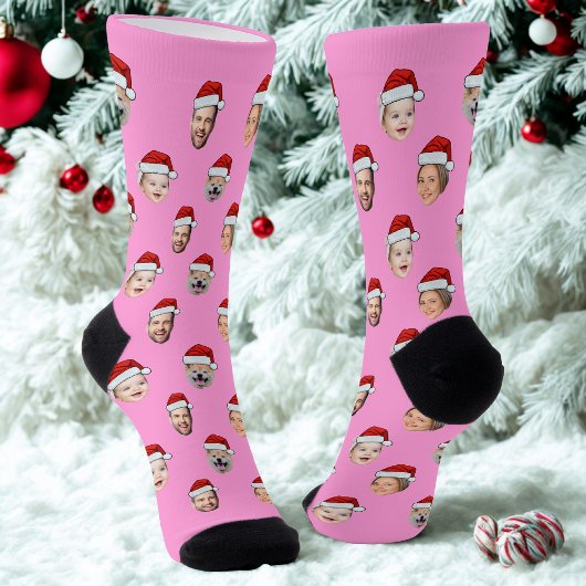 Custom Face Santa Hat Pink Socks, 4 Photos Pink Socken