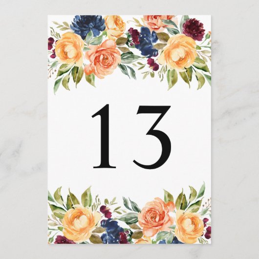Custom Fall Floral Wedding Tischnummer Cards (Rückseite)