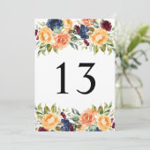 Custom Fall Floral Wedding Tischnummer Cards (Stehend Vorderseite)