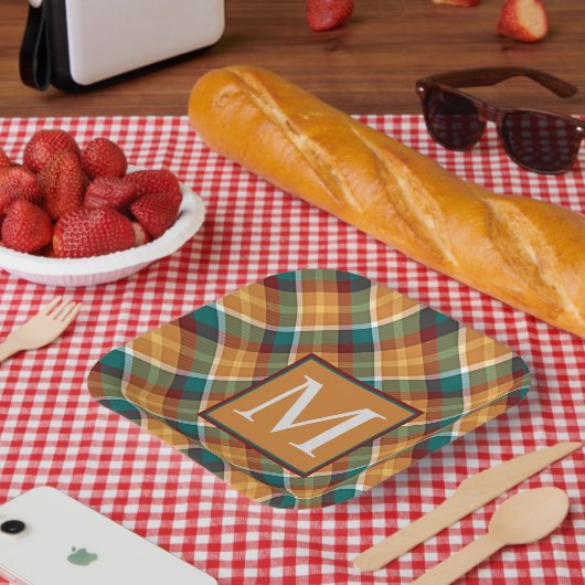 Custom Fall Pumpkin Orange Blätter Green Kariert Pappteller (Picknick)