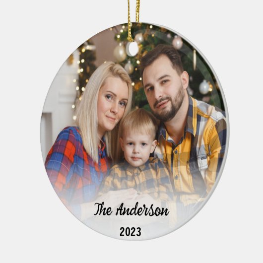 Custom Family 2 Foto & Name Weihnachten 2023 Gesch Keramik Ornament (Links)