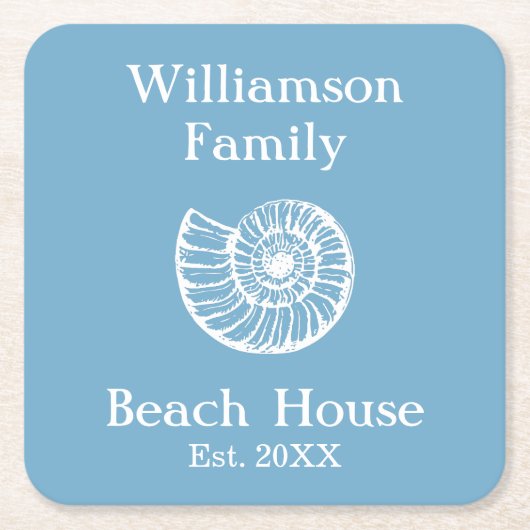 Custom Family Beach House Muscheln Blue Rechteckiger Pappuntersetzer (Vorderseite)