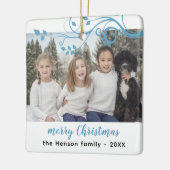 Custom Family Blue Foliage Frohe Weihnachts-Foto Keramikornament (Links)
