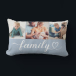 Custom Family Blue Heart Script 3 Foto Collage Lendenkissen<br><div class="desc">Modernes und stilvolles Design im Stil eines Lumbalkissens bietet eine Foto-Collage aus drei (3) beliebten Fotos mit einem schlichten und minimalen weißen Typografie-Design,  das elegante blüh- und Herzdetails enthält. Die hellen Farben Blau und Weiß können modifiziert werden.</div>