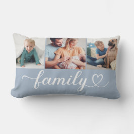 Custom Family Blue Heart Script 3 Foto Collage Lendenkissen