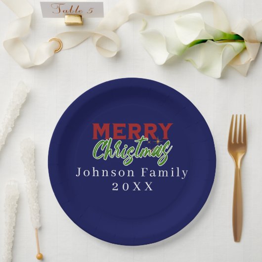 Custom Family Christmas Blue Paper Plate Pappteller (Hochzeit)