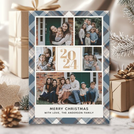 Custom Family Christmas card with 5 Photos Tartan Einladung