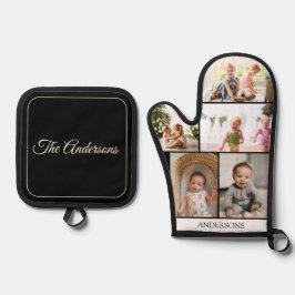 Custom Family Foto Collage Black Ofenhandschuh & Topflappen-Set